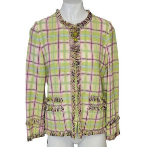 St. John Collection Tweed Pattern Zip Up Evening Jacket Fringe Accents Size 4